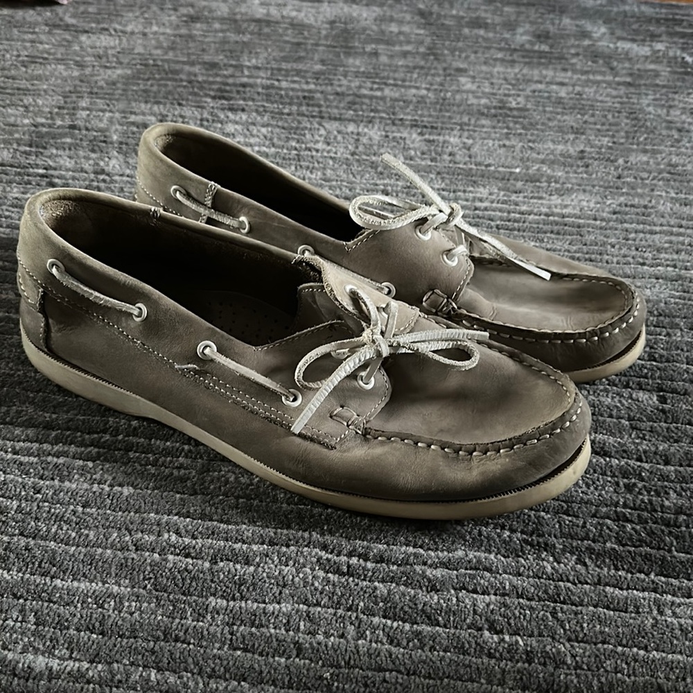 Gray leather boat shoe